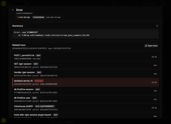 An uncaught exception grouped into an issue and linked to its trace
